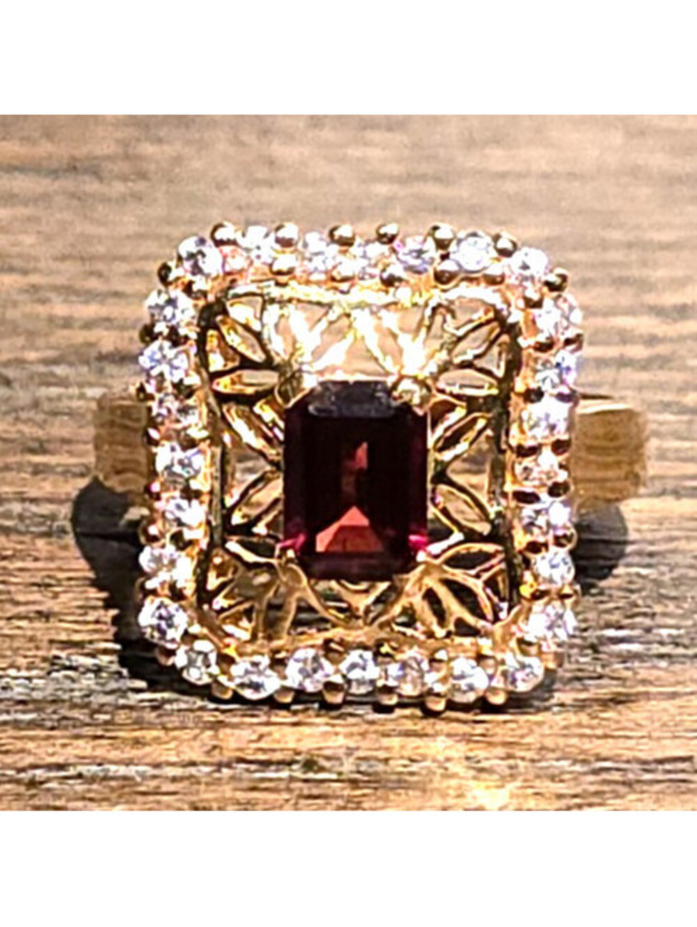 Gold Tone Openwork Cocktail Ring Emerald Cut Garnet CZ Accents